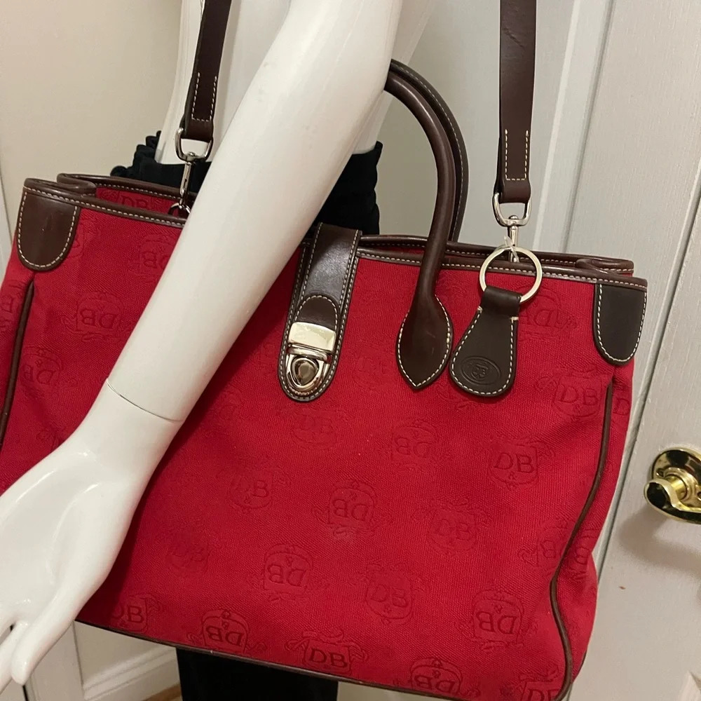 Dooney & Bourke Red Canvas Tote with Brown Leather Trim